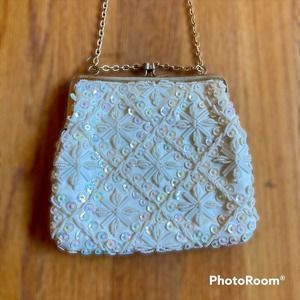 VTG Hand Beaded Small White Evening Purse Handbag with Gold Chain Strap